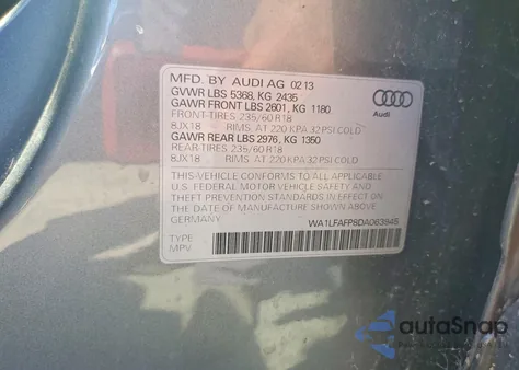 2013 Audi Q5 Premium Plus from USA, damaged, VIN WA1LFAFP8DA063945